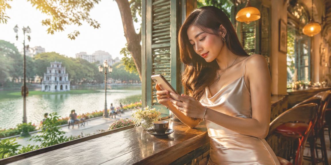 Người dùng ngồi quán cà phê tại Hà Nội đăng nhập tài khoản cá cược trên điện thoại